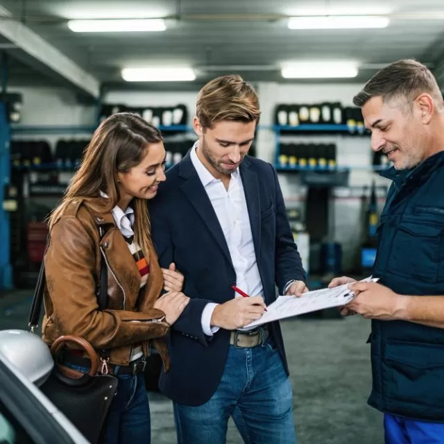 young happy couple signing documents while being with car mechanic repair shop